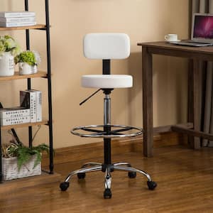 White Faux Leather Drafting Stool for Office, Studio, Adjustable Height with Backrest and Rolling Wheels