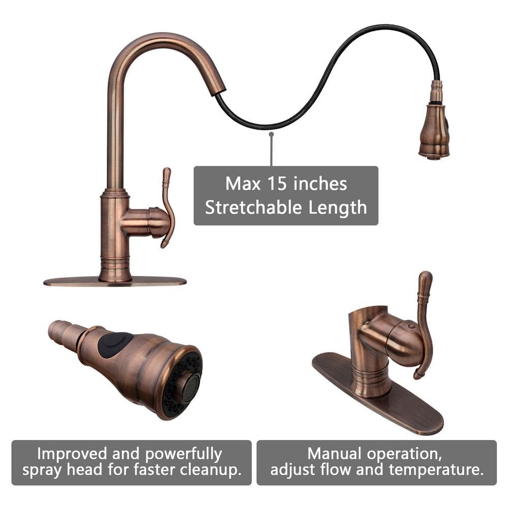 Antique Copper Pull Down Kitchen Faucet with Spray