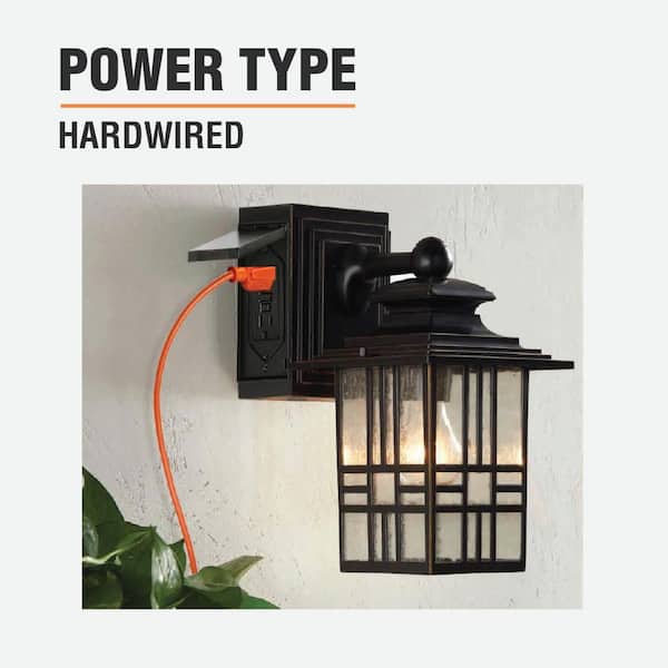 Mission 12.9 in. 1-Light Black with Bronze Highlight Outdoor Wall Light Lantern Sconce with Built-In Electrical Outlet