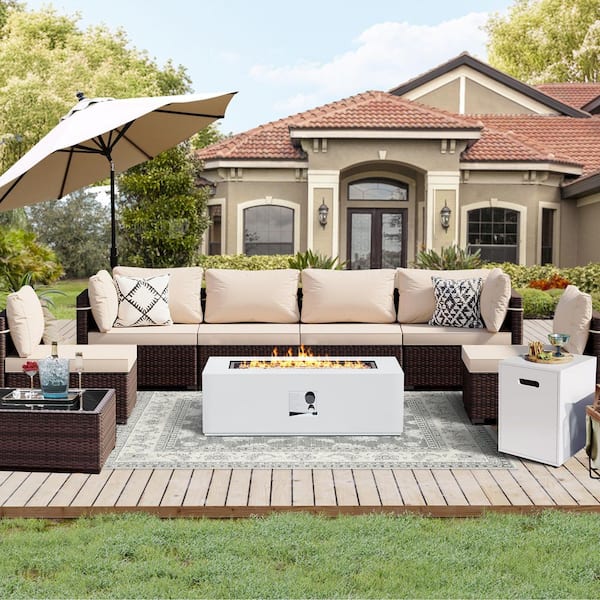UPHA 9-Piece Outdoor Brown Rattan Seating Set with Beige Cushions,a 42" White Rectangle Fire Pit Table and a Tank Cover