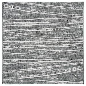 Courtyard Black/Ivory 7 ft. x 7 ft. Abstract Striped Indoor/Outdoor Patio  Square Area Rug