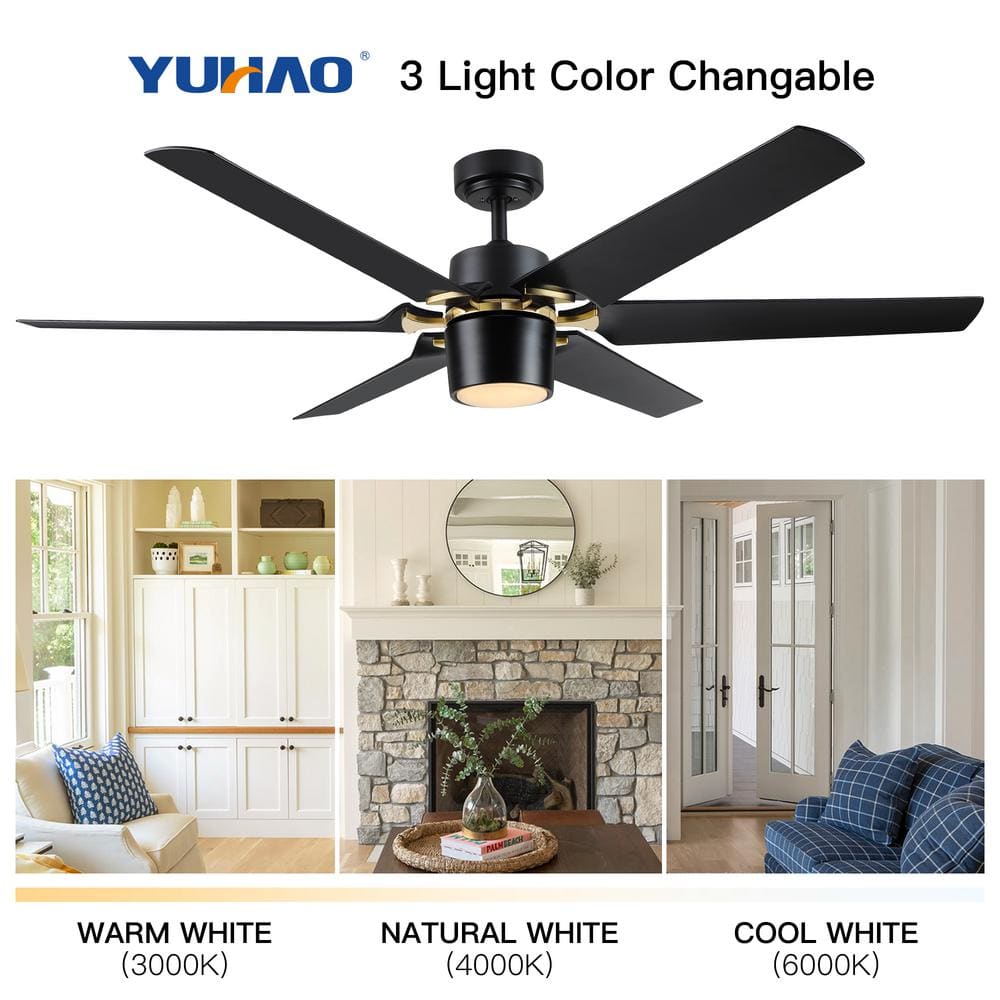 Modern 60'' Black and Gold Ceiling Fan with LED Light and Remote