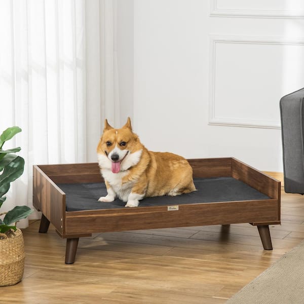 PawHut Elevated Dog Bed Wooden Pet Sofa Raised Dog Couch with Soft Cushion Brown and Black