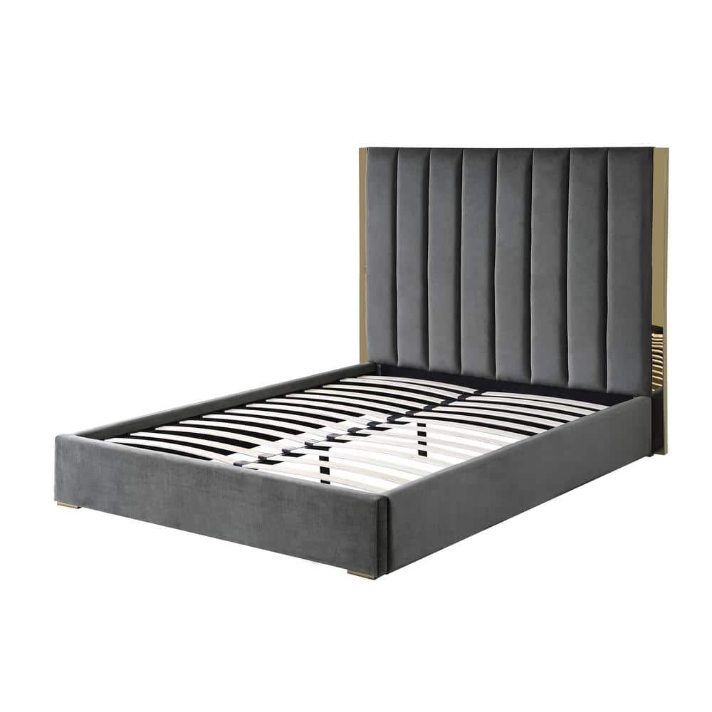 Luxurious Dark Gray Velvet Queen Bed with Gold Metal Accents