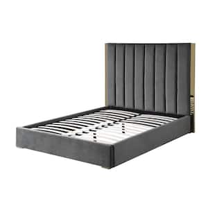 Jalen Dark Gray Velvet Queen Platform Bed with Gold Accents