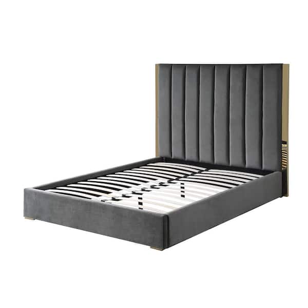 Best Master Furniture Jalen Dark Gray Velvet Queen Platform Bed with Gold Accents