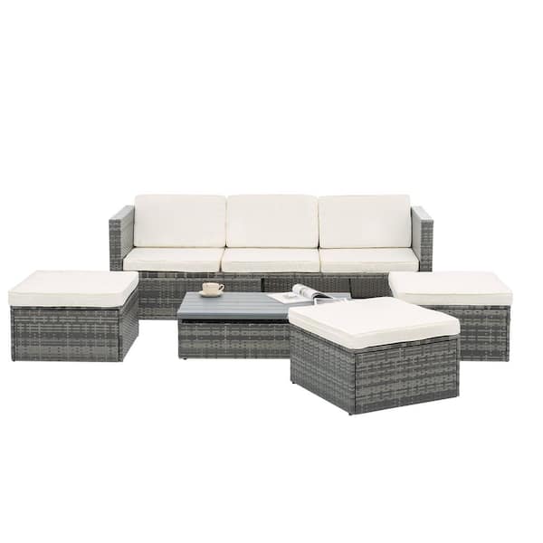 Cesicia Gray 5-Piece Wicker Outdoor Sectional Set with Coffee Table and Beige Cushions