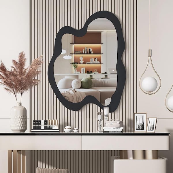 Hochwertiges 20 in. W x 28 in. H Irregular Black Wood Framed Wall Mirror Wavy Asymmetrical Wall Mirror