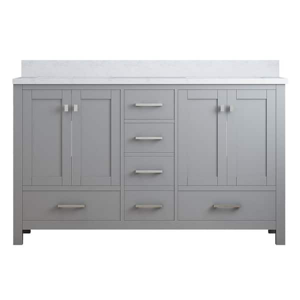 VANITYFUS Solid Wood 60 in. W x 22 in. D x 39.3 in. H Double Sink Bath Vanity in Modern Gray with Carrara White Natural Marble Top