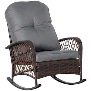 Brown Wicker Outdoor Rocking Chair with Gray Soft Cushions for Garden, Backyard, Balcony and Poolside