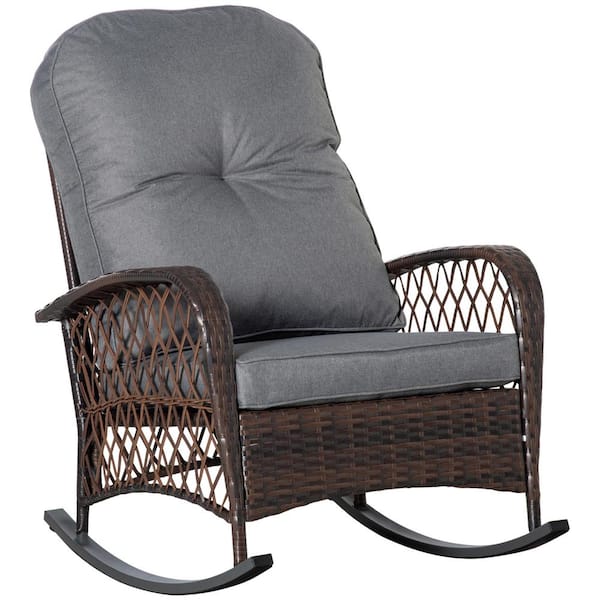 Zeus & Ruta Brown Wicker Outdoor Rocking Chair with Gray Soft Cushions for Garden, Backyard, Balcony and Poolside