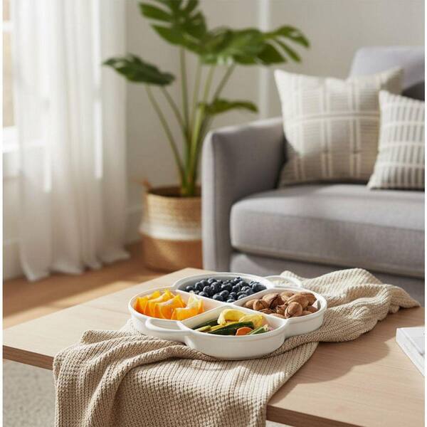 12 in. White Ceramic Divided Serving Tray and Platters, 4