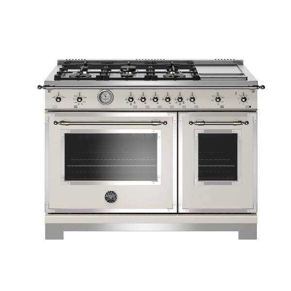 Bertazzoni 48 in. 7.1 cu. ft. Heritage Series All Gas Range 6 Brass Burners and Griddle with Dual Convection Fan in Ivory