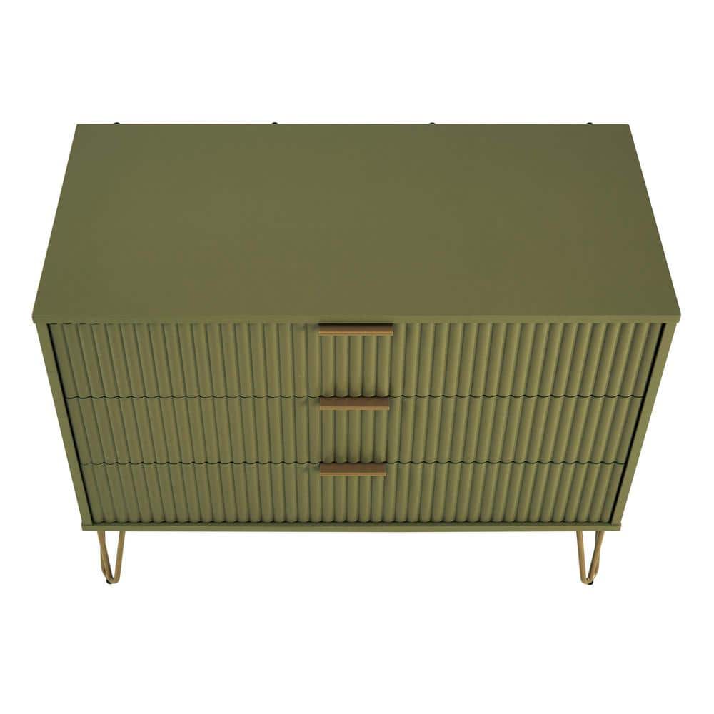 Olive Green 3-Drawer Chest with Gold Hairpin Legs