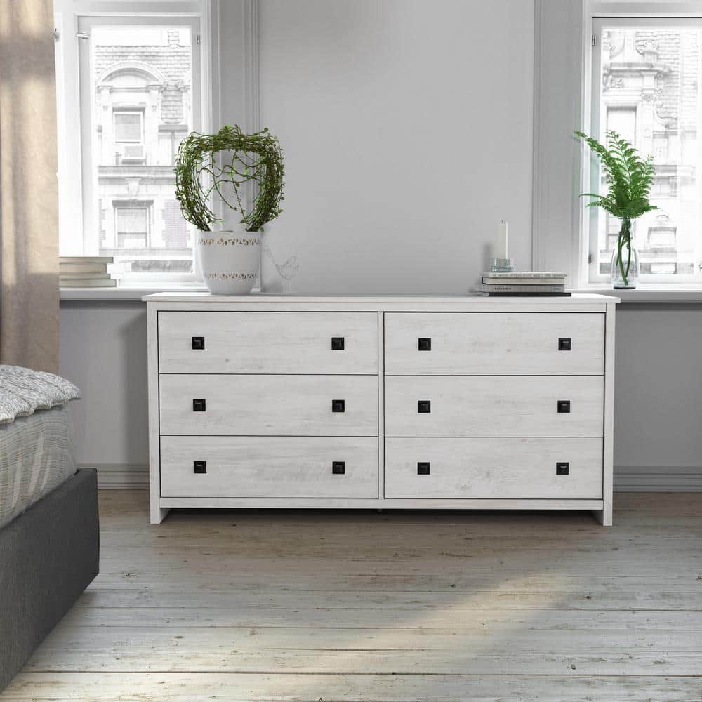 Washed White Farmhouse 6-Drawer Pine MDF Dresser