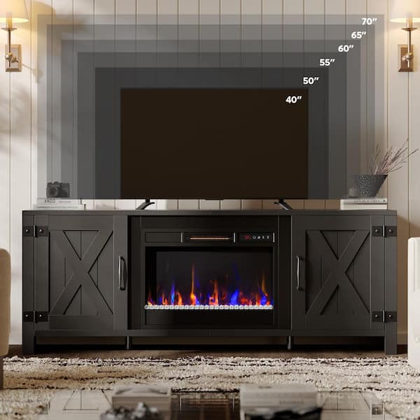 63 in. Freestanding Electric Fireplace TV Stand in Black Fits TVs up to 70 in. with Storage Cabinet