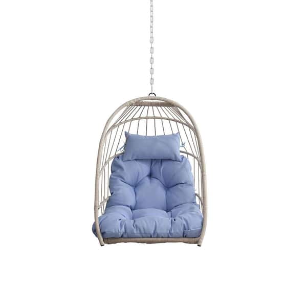 28.34 in. 1-Person White Wicker Metal Patio Swing Outdoor Egg Hanging Chair with Blue Cushions