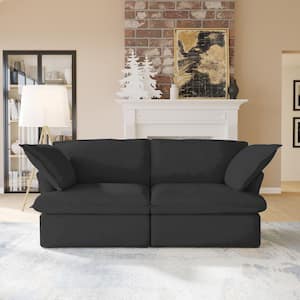 82.66 in. Linen 2-Seater Loveseat with Pillow in Black