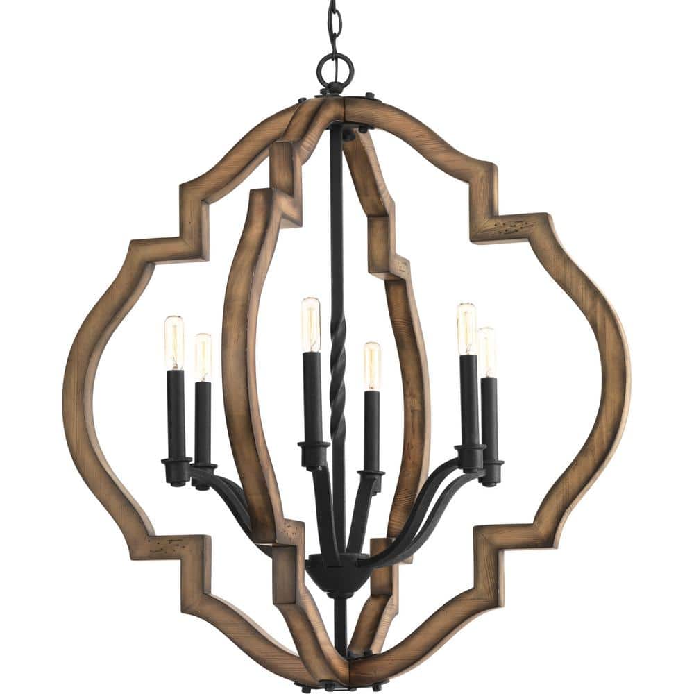 Spicewood Distressed Pine and Gilded Iron 6-Light Pendant
