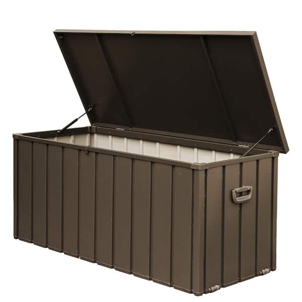 120 Gal. Dark Brown Steel Waterproof Lockable Outdoor Storage Bench with Rolling Castors and Handles