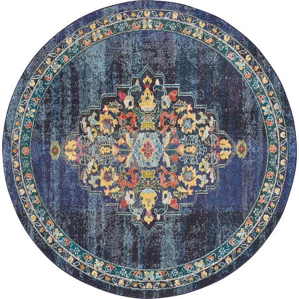 Nourison Passionate Navy Blue 8 ft. x 8 ft. Persian Vintage Round Area