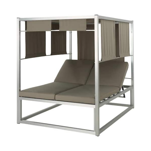 Misopily Khaki Metal Outdoor Day Bed Lounge, Rust-Proof Aluminum Frame with Sun-Shaded Canopy And Water-Resistant Fabric Cushion