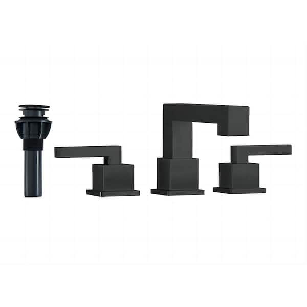 Lukvuzo 8 in. Widespread Double Handled Low Arc Bathroom Faucet with Pop Up Drain Assembly and Supply House in Matte Black