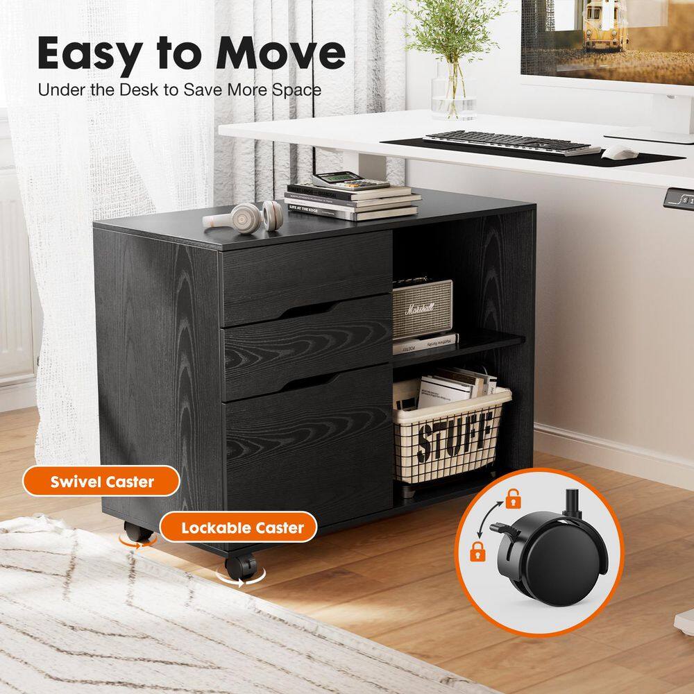 Xramfy black wood mobile file cabinet showing lockable caster wheels.