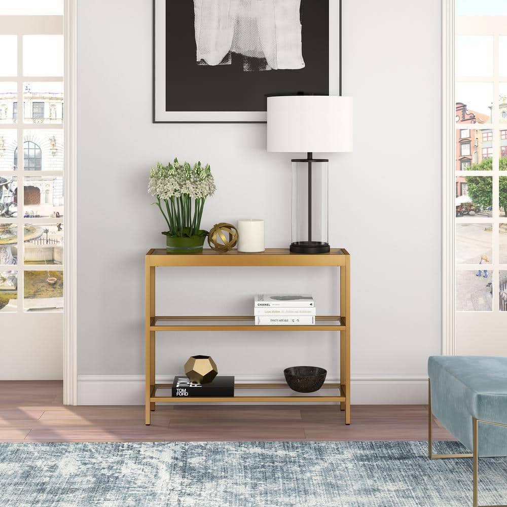 Alexis 36" Gold Metal & Glass Rectangular Console Table with Storage