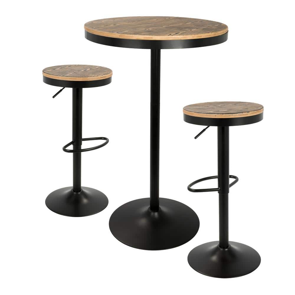 Dakota Industrial Black and Brown 3-Piece Pub Set with Adjustable Stools