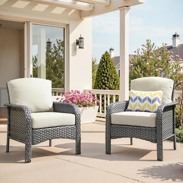 Gray Wicker Single Outdoor Lounge Chair Patio Single Dinging Chair with Beige Cushion for Deck, Porch (2-Pack)