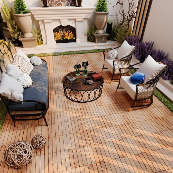 GOGEXX 12 in. x 12 in. Square Acacia Wood Interlocking Flooring Deck Tiles Stripe Pattern Patio in Brown(Pack of 20 Tiles)