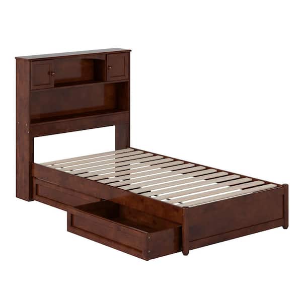 Hadley Walnut Brown Solid Wood Frame Twin Platform Bed with Panel Footboard and Storage Drawers