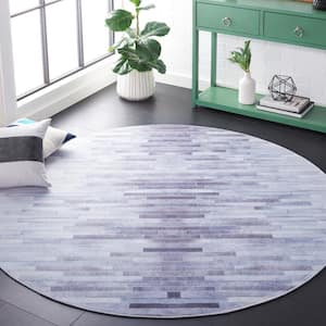 Faux Hide Ivory/Light Gray 6 ft. x 6 ft. Machine Washable Striped Abstract Distressed Round Area Rug