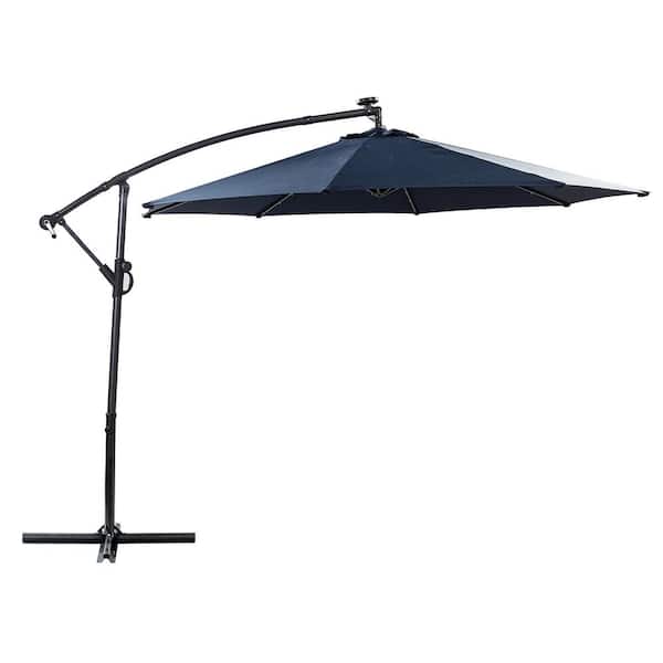 Unbranded 10 ft. Solar Light Cantilever Patio Umbrella in Navy with Cross Base