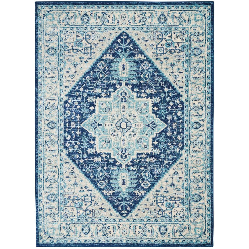 Ivory and Navy Synthetic 5' x 7' Rectangular Area Rug
