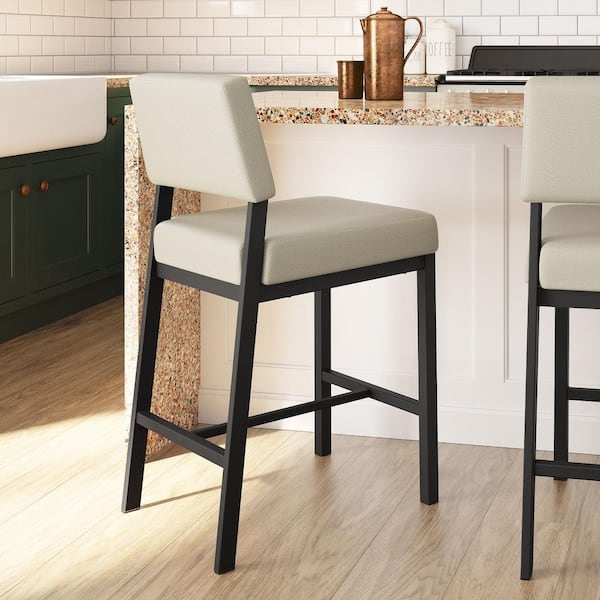Amisco Avery 26.25 in. Greige Faux Leather/Black MetalCounter Stool