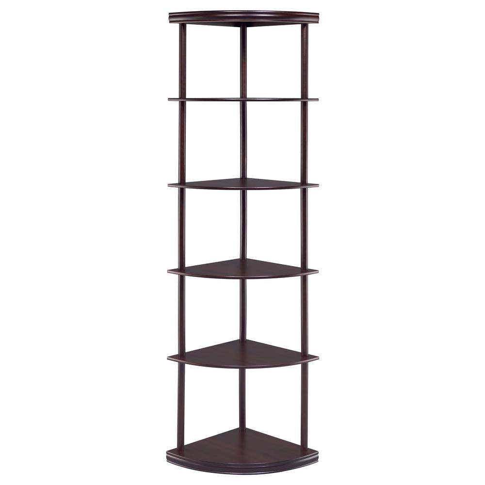 Cappuccino Brown 5-Shelf Corner Bookcase with Metal Frame