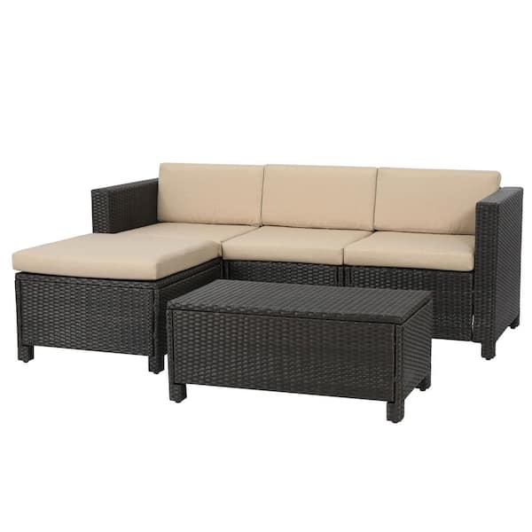 Noble House Puerta Dark Brown 5-Piece Wicker Outdoor Patio Sectional with Beige Cushions