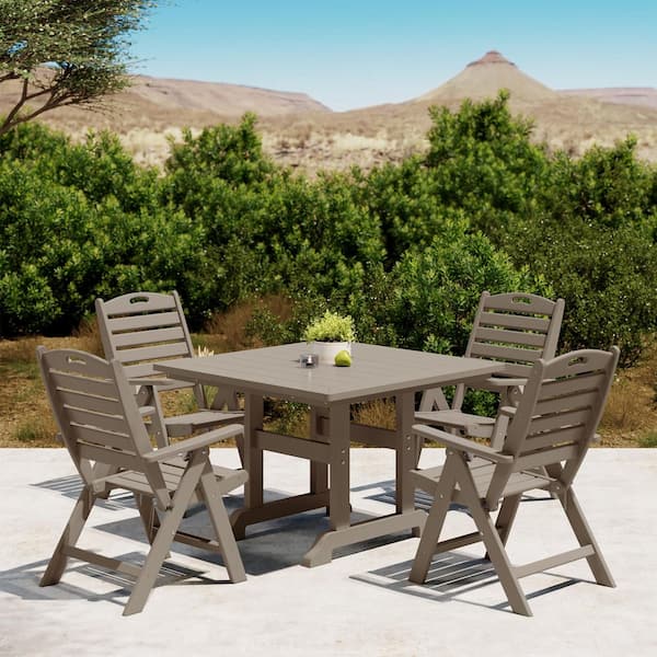 Laguna All Weather HDPE Plastic Outdoor 5-Piece Square Table Folding Highback Chairs Patio Dining Set, Weathered Wood