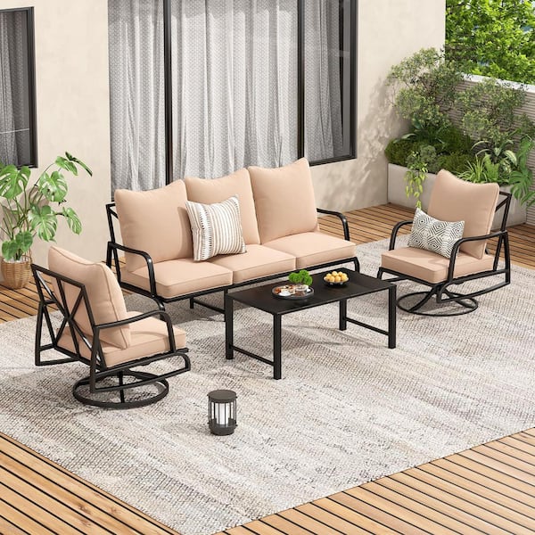 5-Seat 4-Piece Metal Outdoor Patio Conversation Set with 4 in. Thick Beige Cushions and Table
