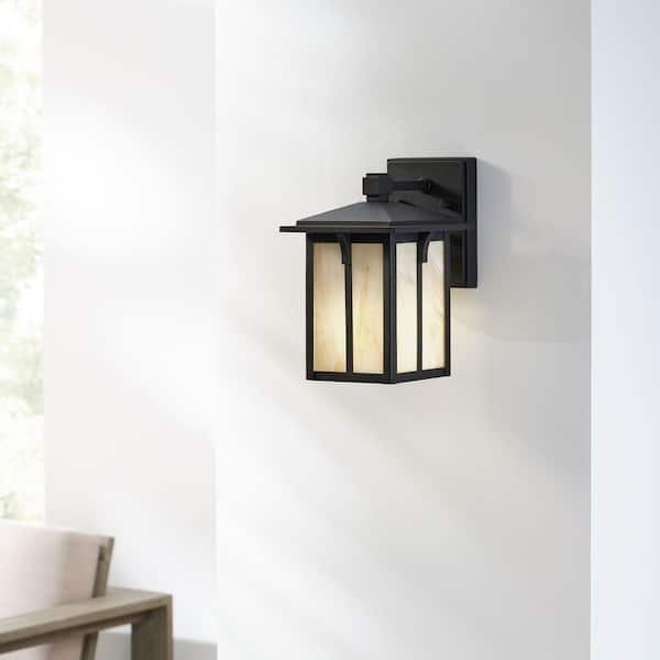 Tomek Small 10.6 in. Black with Champagne Glass Outdoor Hardwired Wall Lantern Sconce with No Bulb Included