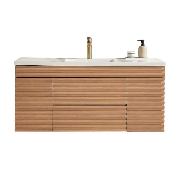 48 in. Oak Floating Bath Vanity with White Ceramic Top, Soft Close Drawers, Fully Assembled