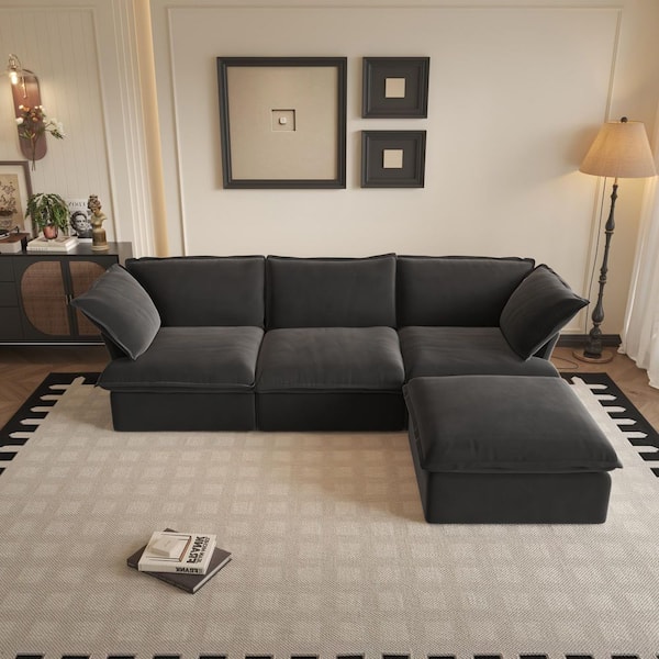 122.82 in Wide Flared Arm Linen L Shaped Sofa with Storage Ottoman, Removable Covers in Black