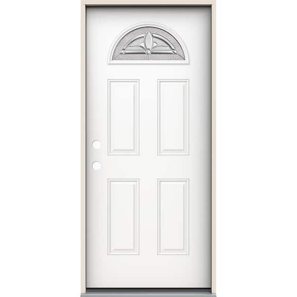 JELD-WEN 36 in. x 80 in. Right-Hand Fan Lite Blakely Decorative Glass Modern White Steel Prehung Front Door