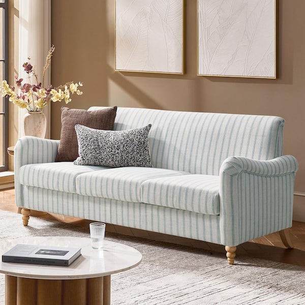 Justo 78 in. Flared Arm Linen Rectangle Sofa in Blue with Solid Wood Spindle Legs