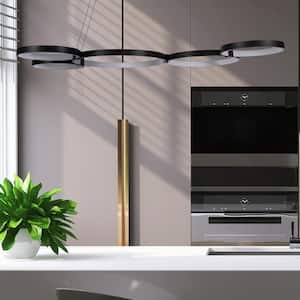 Capella 80-Watt ETL Certified Integrated LED Black Chandelier Height Adjustable 50 in. Pendant Light with 5 LED Circles