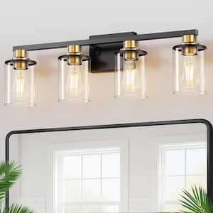 27 in. 4 Light Bathroom Vanity Light, Modern Black and Gold Bathroom Lights Fixtures Over Mirror with Clear Glass Shade