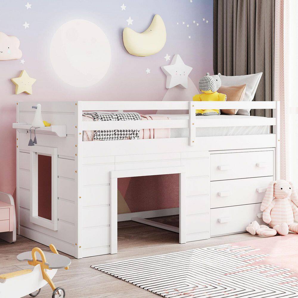 Harper & Bright Designs White Twin Size Wooden Loft Bed with Cabinet and Shelf Harper & Bright Designs White Twin Size Wooden Loft Bed with Cabinet and Shelf - 1