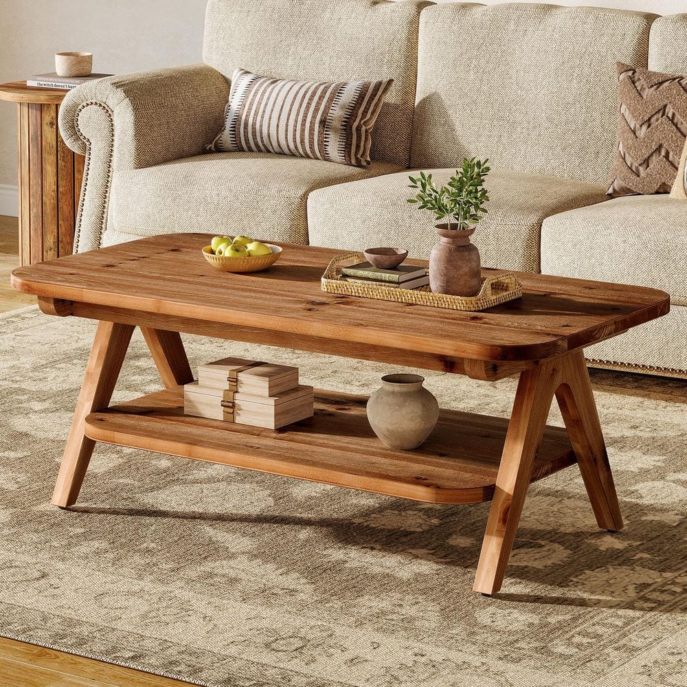47 in. Brown Rectangle Solid Wood Coffee Table with Storage, 2-Tier Center Table Furniture for Living Room, Apartment
